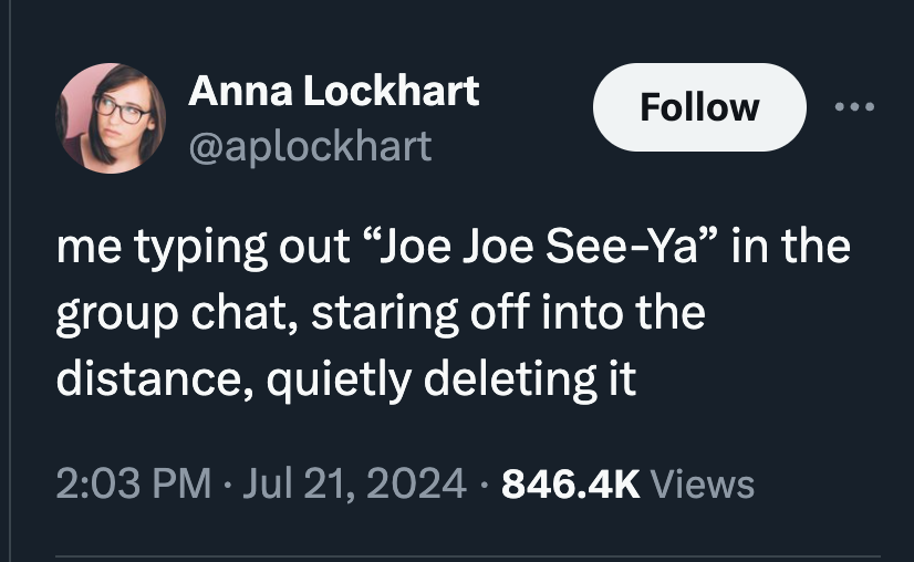 screenshot - Anna Lockhart me typing out Joe Joe SeeYa in the group chat, staring off into the distance, quietly deleting it Views